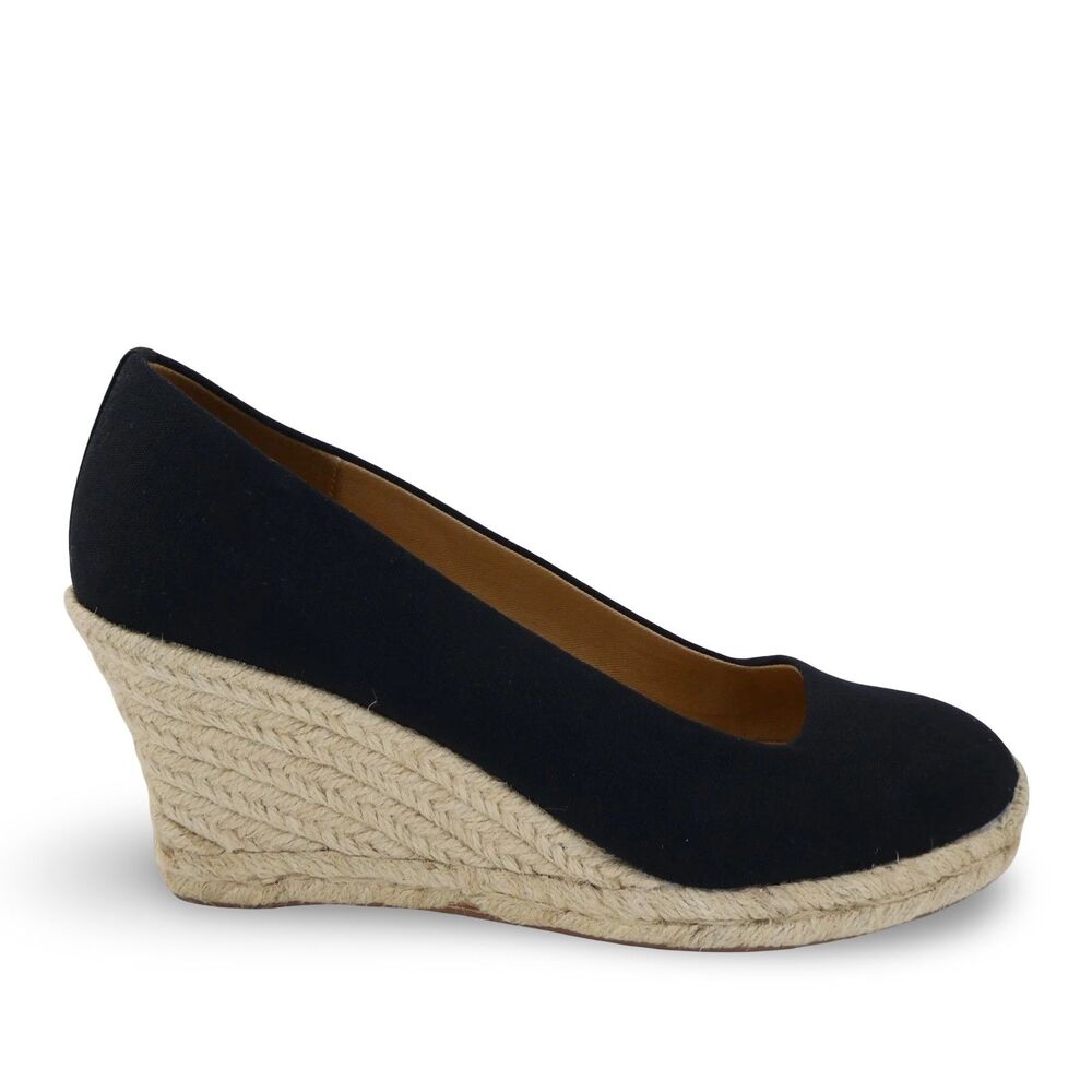 J Crew Women US 8 Seville Espadrille Pump Black Canvas Wedge Casual Round Shoes